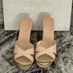 Jimmy Choo Pandora Wedge Opat Powder Pink Beige Patent Leather Size 34 4 w Box